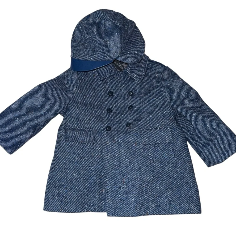 Vintage 1970s F.W. Fischer Blue Tweed Wool Coat‎ Matching Hat Set Union Made USA